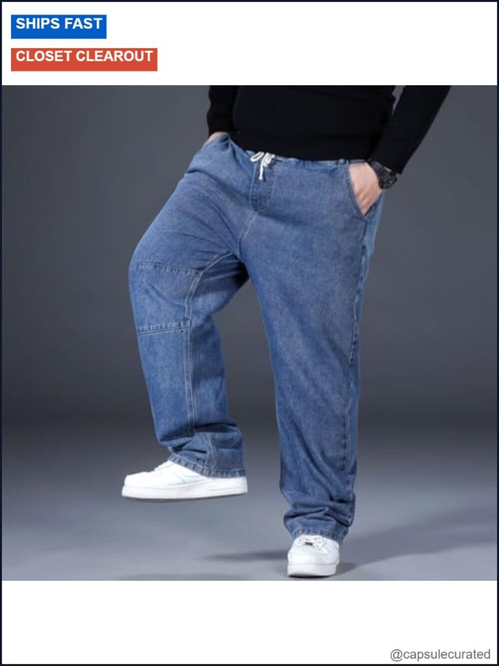 Men's Baggy Jeans Elastic Waisted Denim Joggers Plus Size Drawstring Pull On - Picture 2 of 6